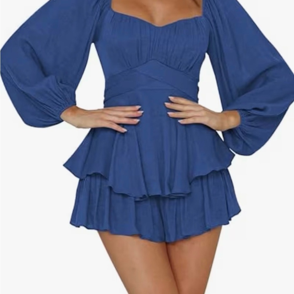 Blue Long Sleeve Ruffle Dress